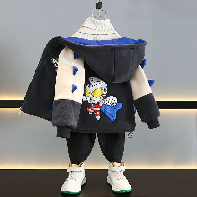 男童加绒外套秋冬装奥特曼衣服冬季夹棉新款宝宝时髦儿童加厚棉衣