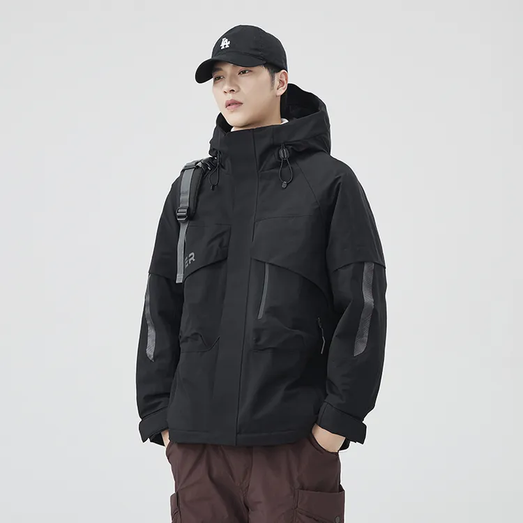 高蓬松90白鹅绒工装连帽羽绒服男士宽松字母刺绣大口袋外套