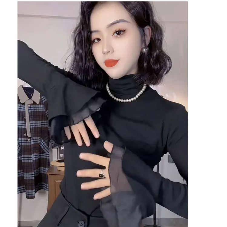 88蛇骨纹爆款气质时尚修身喇叭袖设计女神范修身高领设计打底衫潮