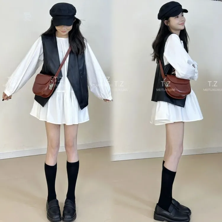 【入秋一整套衬衫裙+马甲套装】宽松休闲小个子显瘦衬衫裙+马甲套