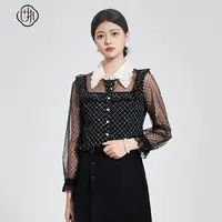 固执秋季新款女装复古长袖网纱娃娃领领格子衬衫00013CS06283