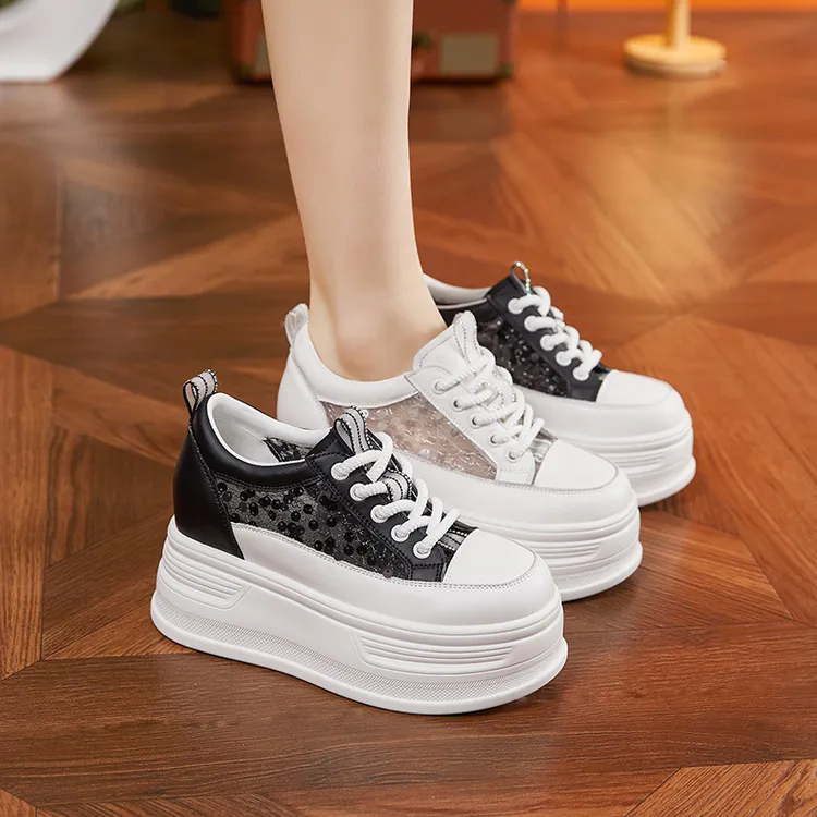 万达撤柜增高8cm 透气镂空小白鞋女2024年夏季休闲鞋小个子运动鞋