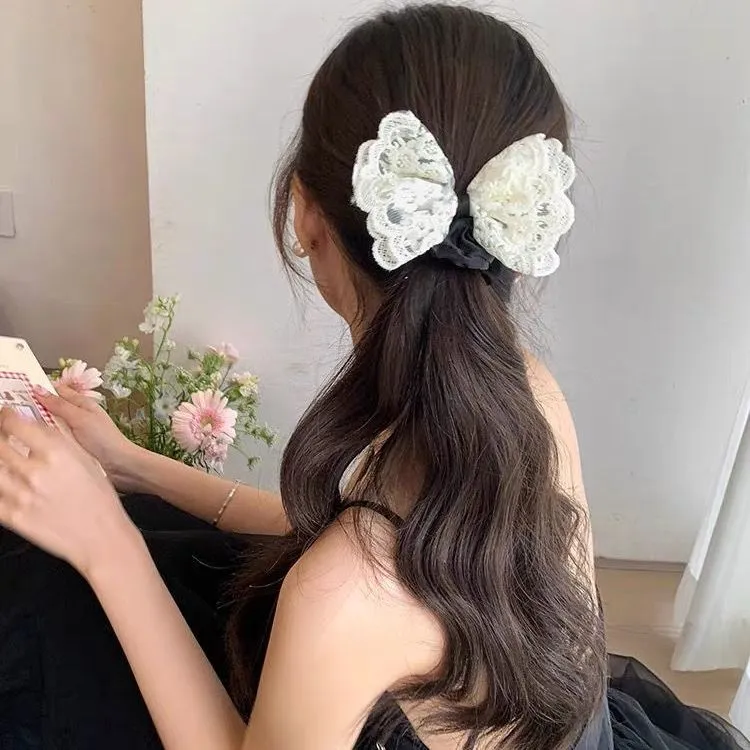 蕾丝蝴蝶结发圈温柔气质千金发绳韩版时尚弹力皮筋白色布艺肠发圈