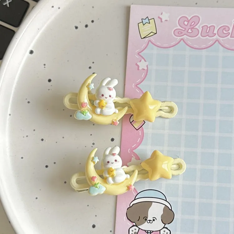 坐在月亮上的兔子发夹可爱甜美少女心星星学生刘海边夹头饰品卡子