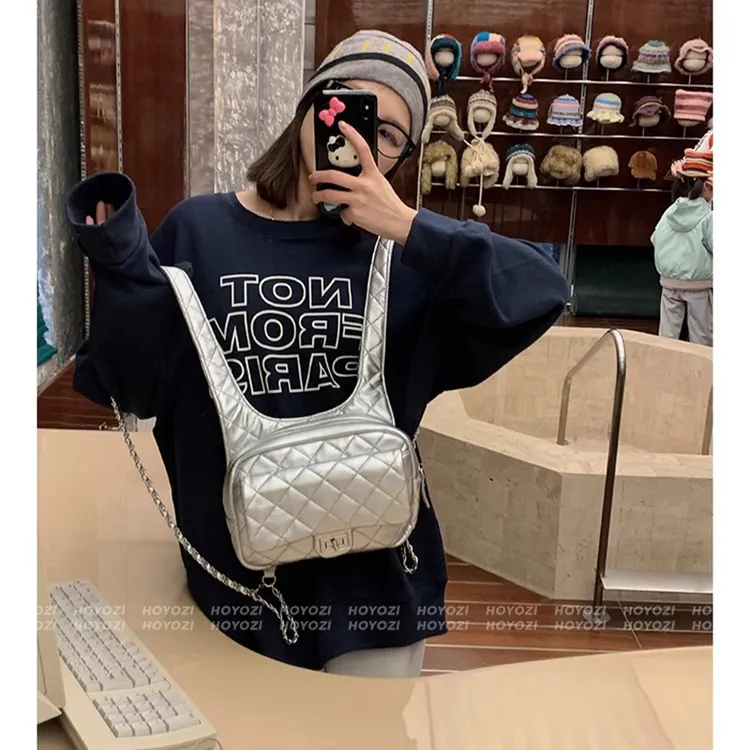 韩版休闲银色菱格双肩包女2025新款时尚百搭背包链条包包
