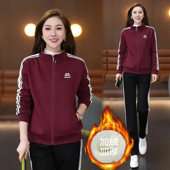 2024秋冬季加绒加厚时尚宽松显瘦连帽开衫减龄休闲运动套装两件套