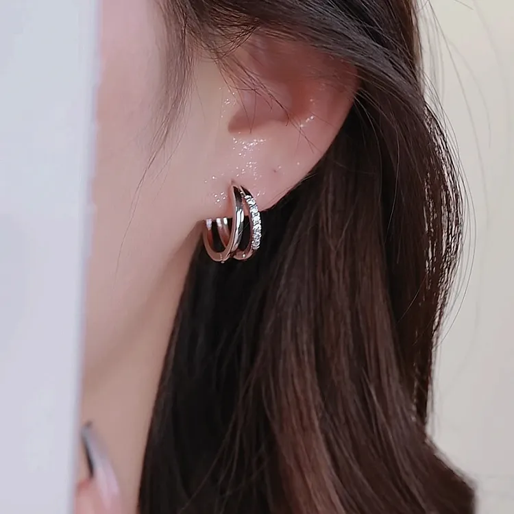 铜合金合成锆石耳饰 925银针百搭耳扣素款耳环气质双层冷淡风耳饰