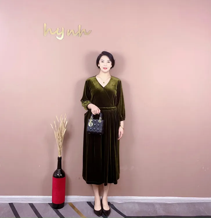 【花样年华】春风十里【V领】120裙长原创丝绒连衣裙