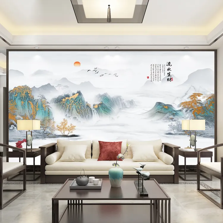 定制客厅沙发电视背景墙布壁画新中式3d立体水墨山水壁纸8d影视墙