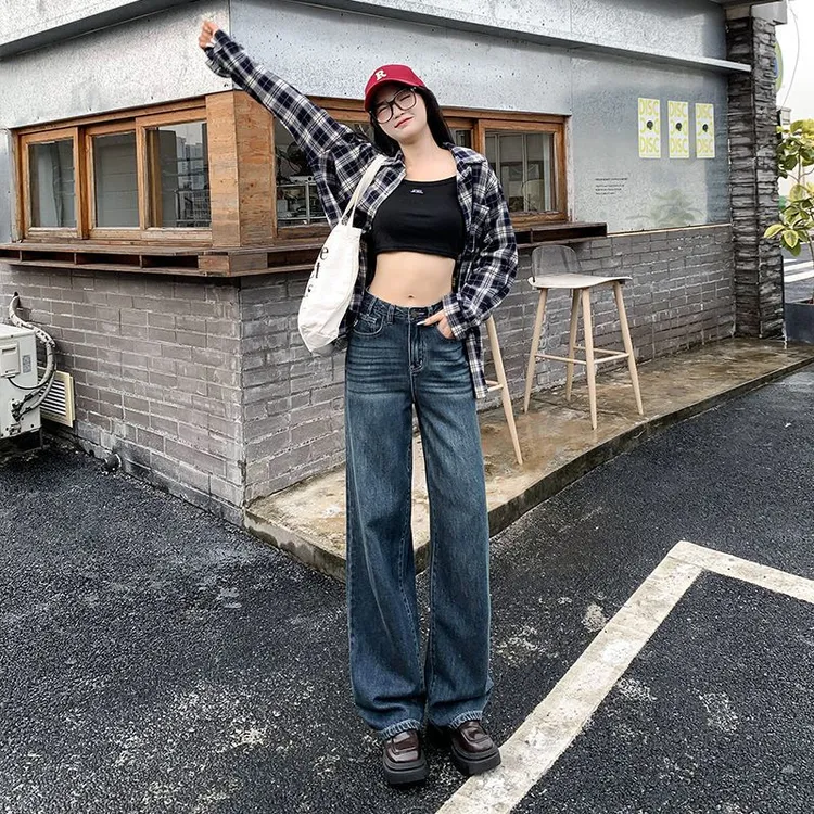 （春秋）新款高腰直筒牛仔裤女百搭遮肉显瘦女时尚宽松修身拖地裤