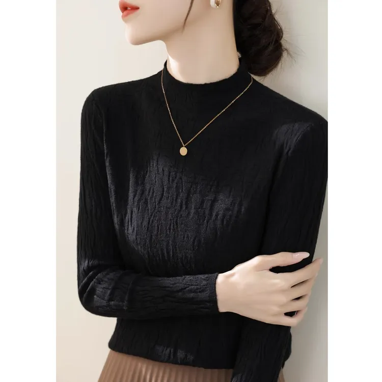 德丽妮法式半高领黑色针织打底衫女春秋新款内搭长袖慵懒风上衣服