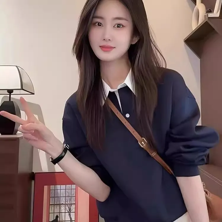 德丽妮polo翻领加绒加厚卫衣女秋装2025新款爆款拼接假两件上衣服