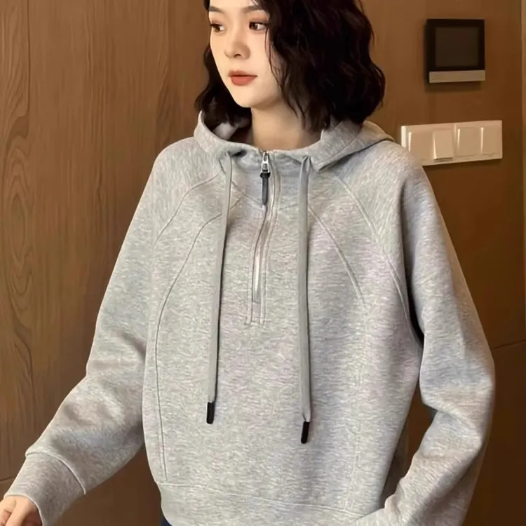 德丽妮气质半拉链连帽卫衣女春秋新款美式慵懒宽松女士短款上衣
