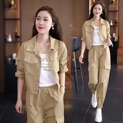 休闲三件套女2023秋季新款洋气减龄短款夹克外套潮小个子工装套装