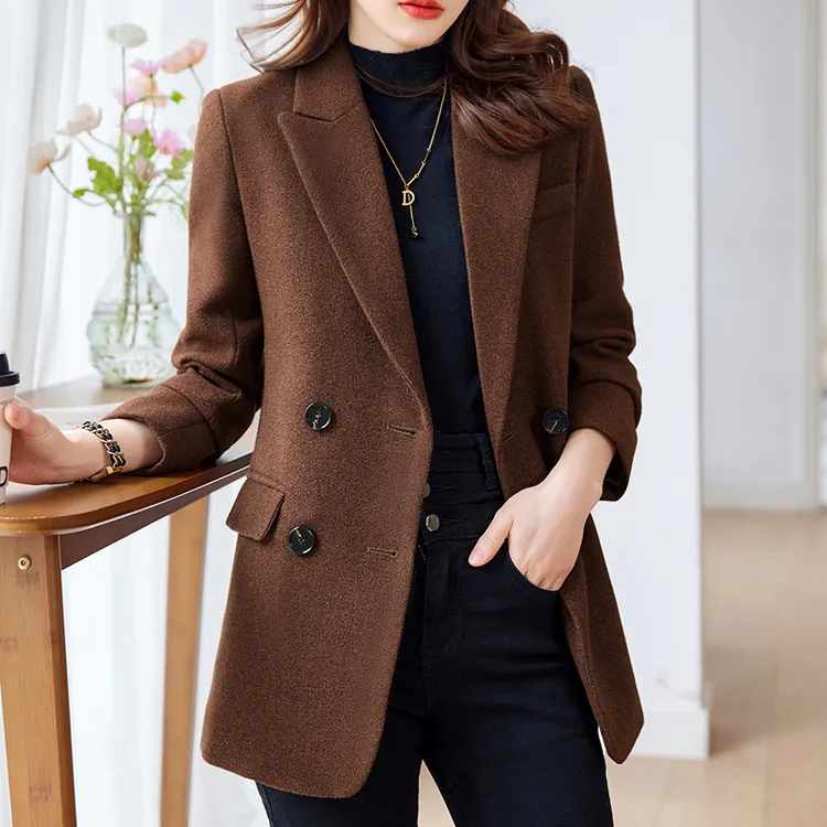 咖色毛呢西装外套女冬季2024新款韩版时尚休闲中长款长袖西服秋冬