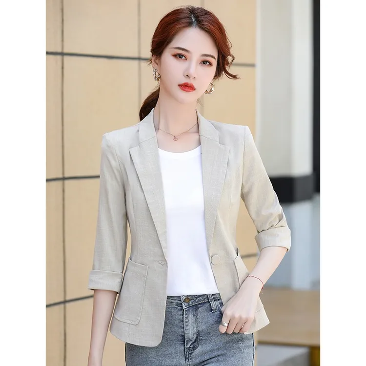 小西装外套女夏季薄款休闲2025新款短款小个子七分袖仿麻中袖西服