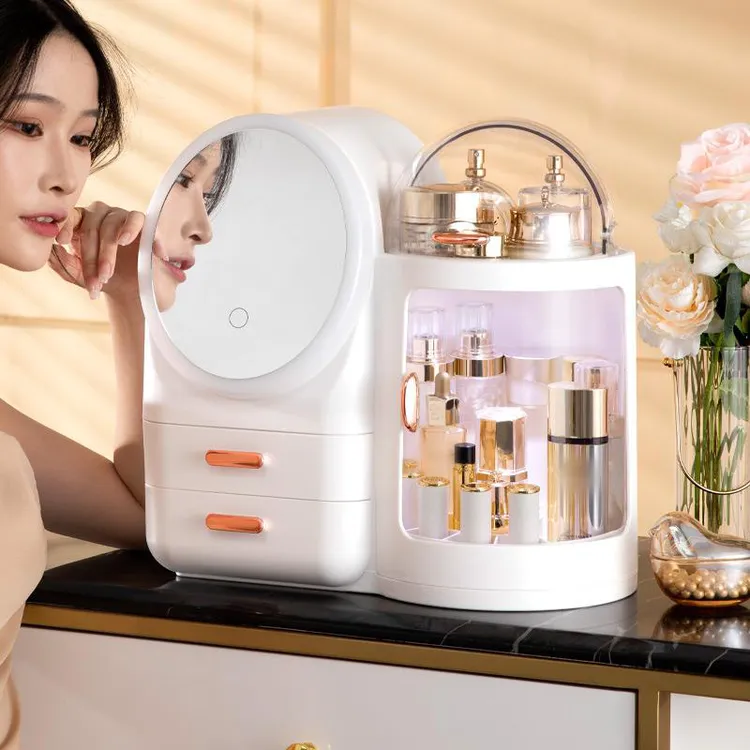 【兴起双子】防尘化妆品收纳盒带化妆镜一体箱梳妆化妆台置物架盒子商品图