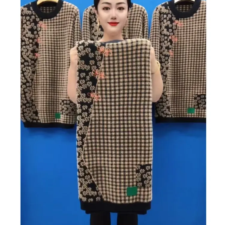 秋冬仿水貂绒中长款针织衫打底加厚保暖毛衣新款长袖宽松妈妈上衣