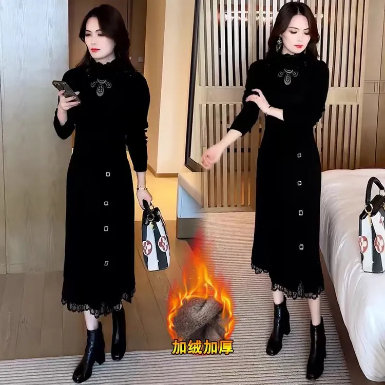 一体加绒加厚冬季新款时尚洋气配大衣打底毛衣裙长款针织连衣裙女