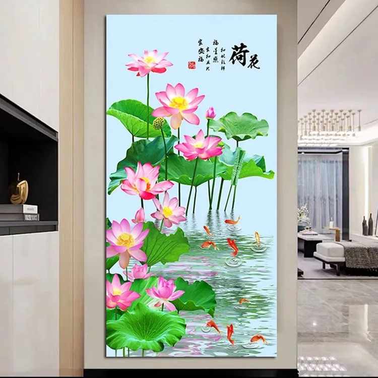 荷花图挂画九鱼莲花客厅卧室装饰画连年有余招财风水画贴画自粘画