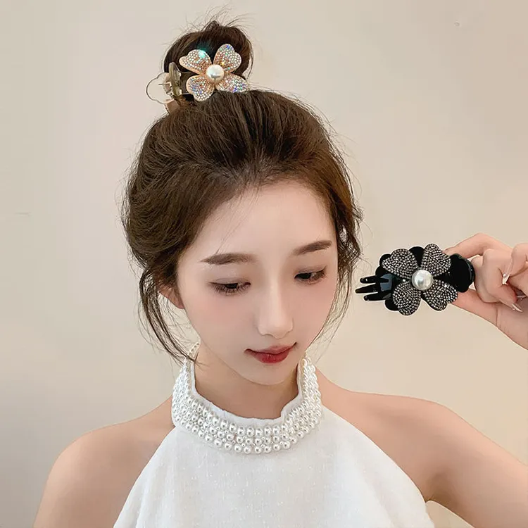 婉之恋满钻珍珠四叶草抓夹花朵发夹女丸子头发饰高马尾固定神器
