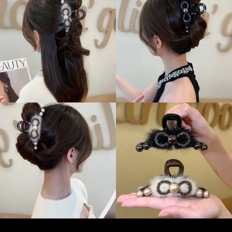 婉之恋秋冬新款珠珠毛毛抓夹后脑勺半扎发发夹百搭盘发鲨鱼夹发卡