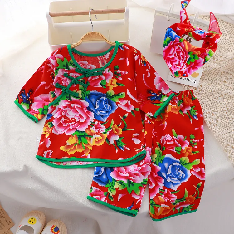 夏季薄款儿童东北大花棉绸斜襟七分套装宝宝民族风家居服睡衣汉服