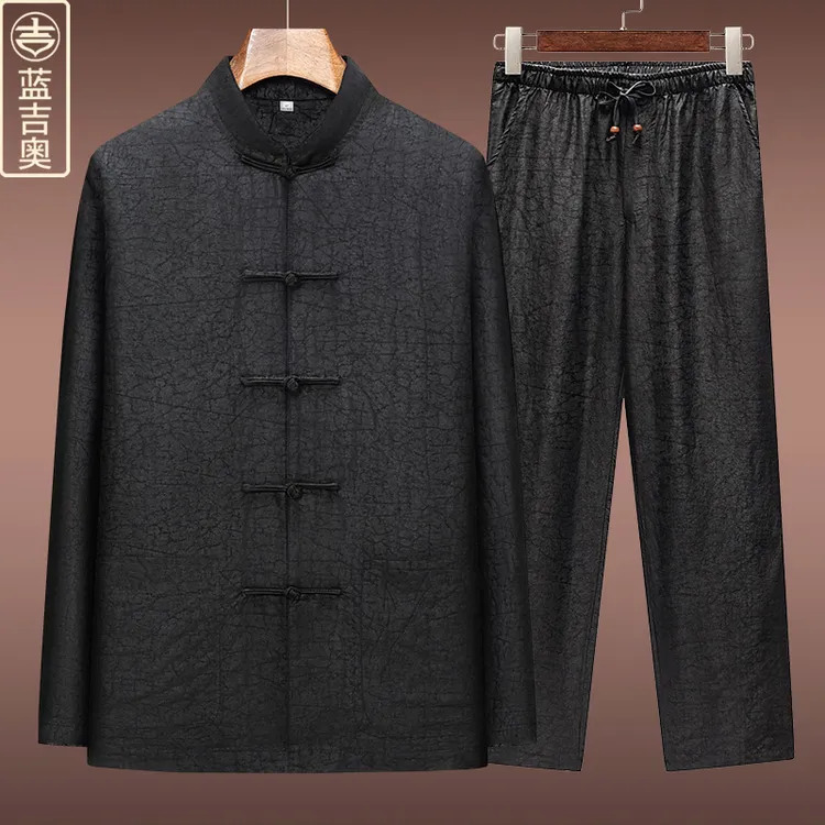 香云纱唐装男长袖真丝桑蚕丝绸套装中式男装佛系居士服禅茶服上衣