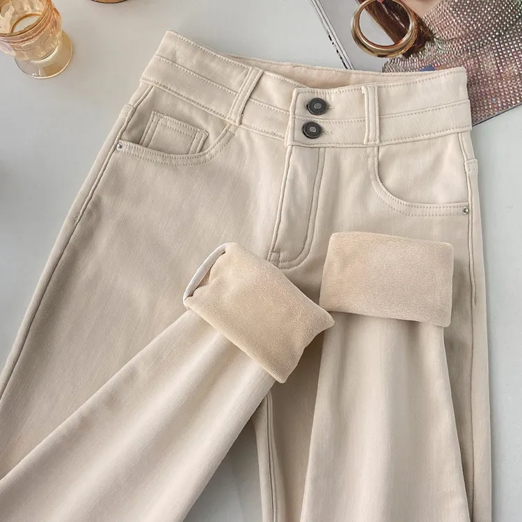 高腰加绒牛仔裤女2025冬季米白色小脚加厚显瘦弹力保暖一体绒新款