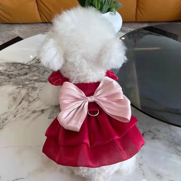 宠物衣服春夏款狗狗猫咪飞袖大蝴蝶结双层纱裙子泰迪比熊可牵引闪