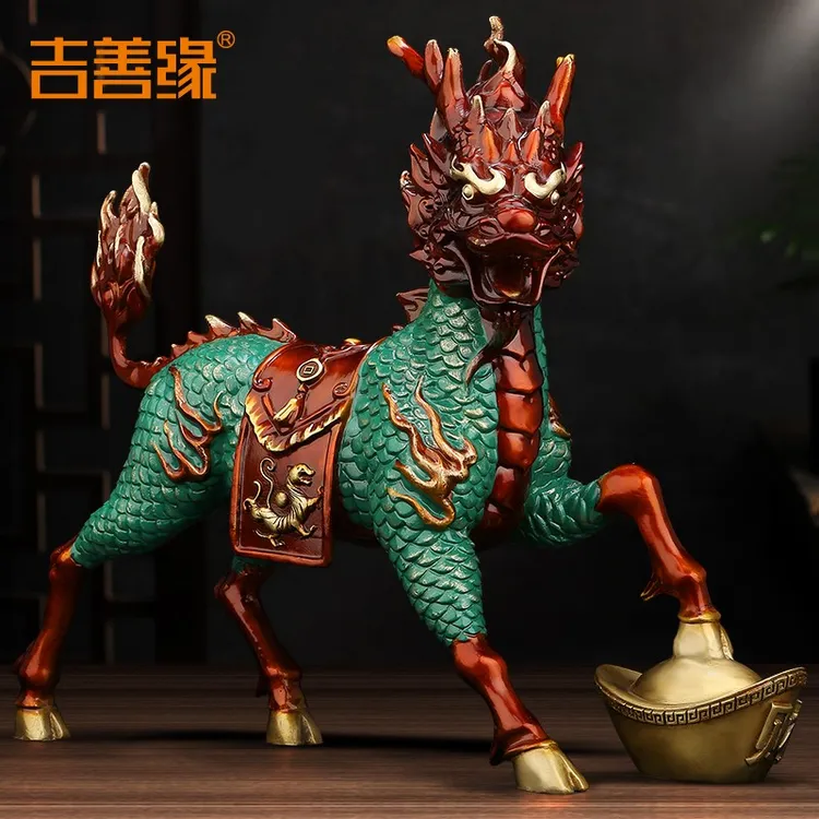 全铜麒麟摆件电视柜中式玄关工艺品财神关羽手工复古家用大号貔貅