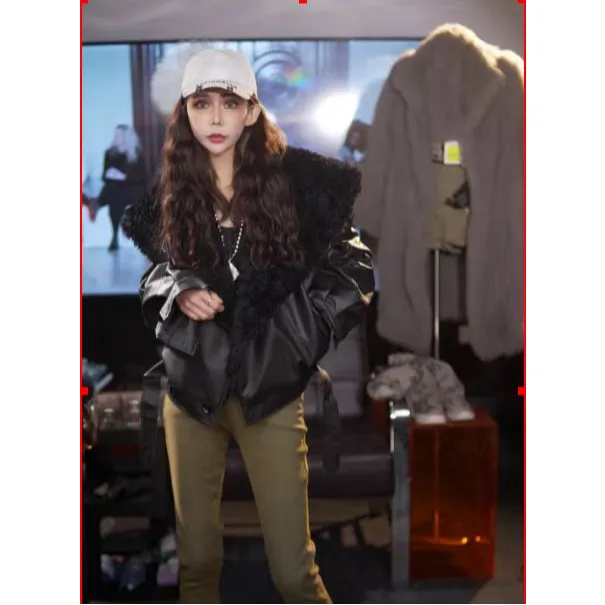 欧货爆款辣妹潮流大翻领皮毛一体加绒皮衣外套女冬季新款皮毛一体
