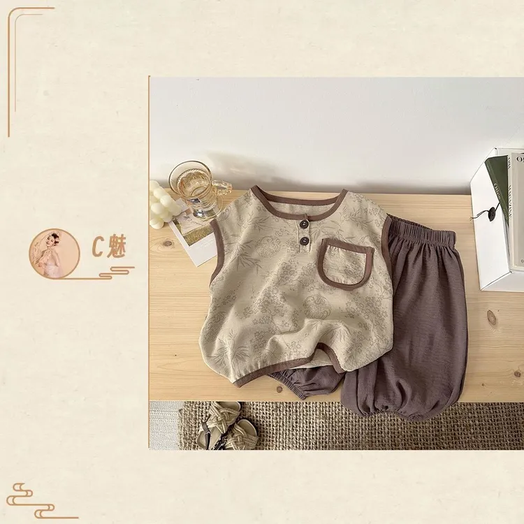 【C魅甄选】夏季新款男女童洋气套装森系复古中式套装时尚休闲0606