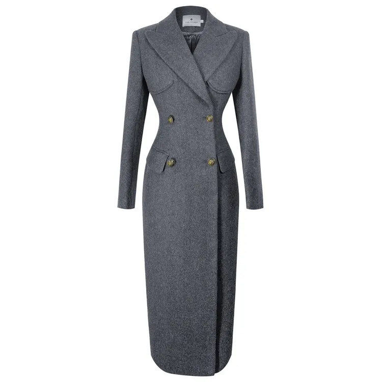 灰色羊毛修身大衣2024新款原创设计OL风收腰轻奢全羊毛高级感外套