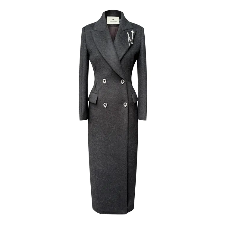 修身收腰秋冬羊毛大衣2024冬季新款双排扣重工长款保暖毛呢外套