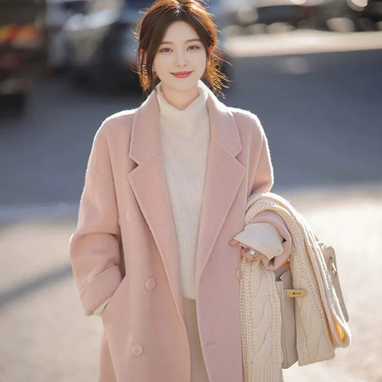 粉色双面毛呢大衣2025秋冬新款韩版宽松中长款爆款赫本呢子外套女