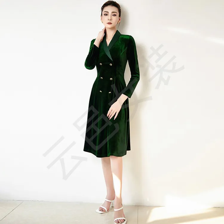 墨绿色双排扣丝绒西装连衣裙女装高级质感长袖复古名媛收腰2025秋