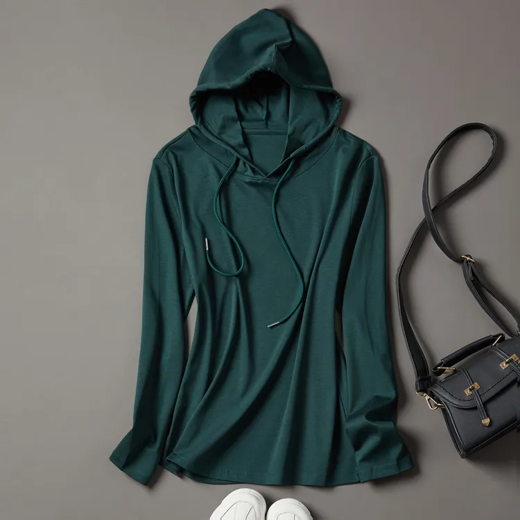 2025春秋新款墨绿色纯棉秋冬连帽t恤女薄款厚棉T打底衫百搭上衣潮