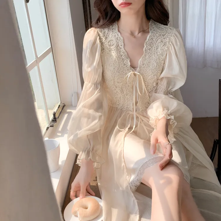 睡裙女晨袍新娘内搭带胸垫网纱蕾丝冰丝两件套睡衣家居服秋季纯欲