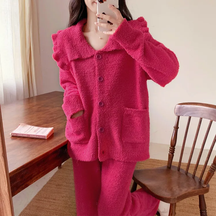 网红睡衣女套装甜美可爱公主红色本命年开衫保暖秋冬家居服半边绒