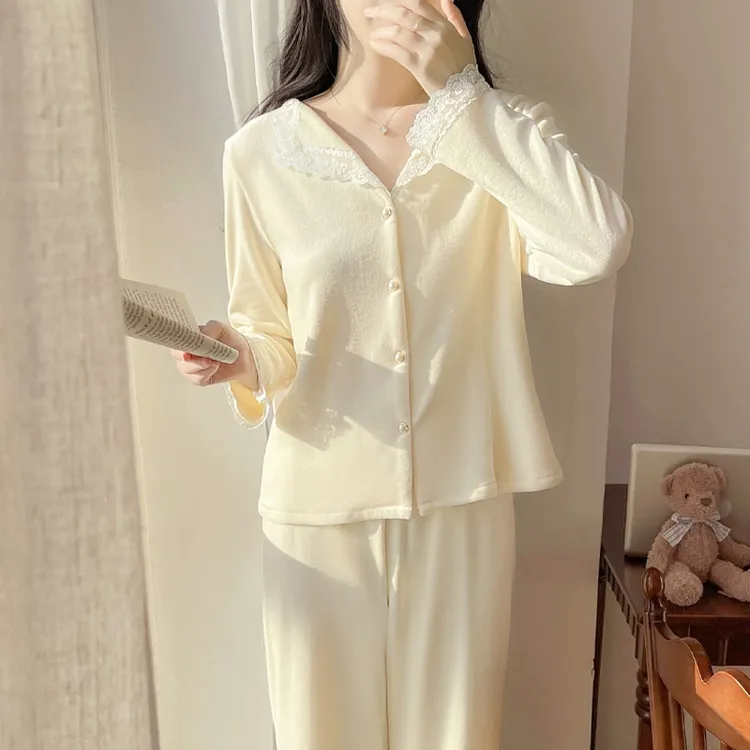 BIEN绒薄绒睡衣女秋冬季甜美可爱简约家居服可外穿公主风套装女士