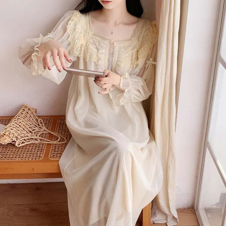 带胸垫睡裙晨袍新娘女春秋夏季仙女公主宫廷法式睡衣家居服莫代尔