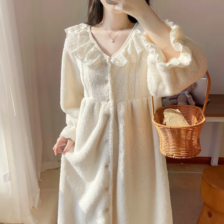 睡袍女冬季2025新款甜美公主宫廷风加绒加厚睡裙家居服珊瑚绒