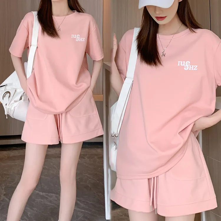 粉色休闲运动套装女2024新款夏季宽松短裤套装两件套运动服运动装