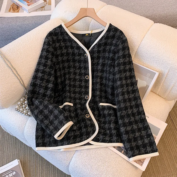 130-320大码女装粗花呢小香风外套微胖妹妹2024秋冬新款网格上衣