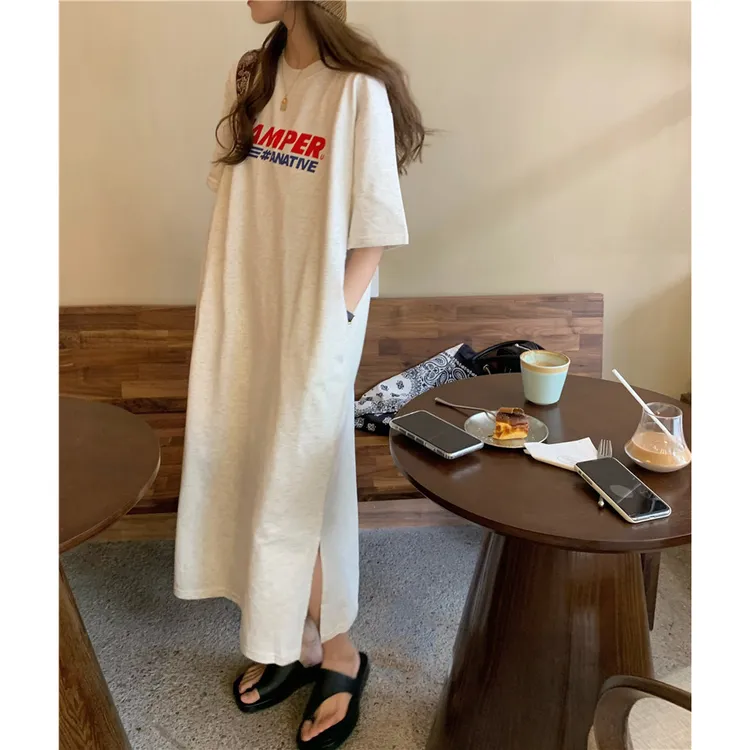 法式时尚显瘦哺乳装夏季外出宽松过膝长款印花T恤连衣裙喂奶衣服