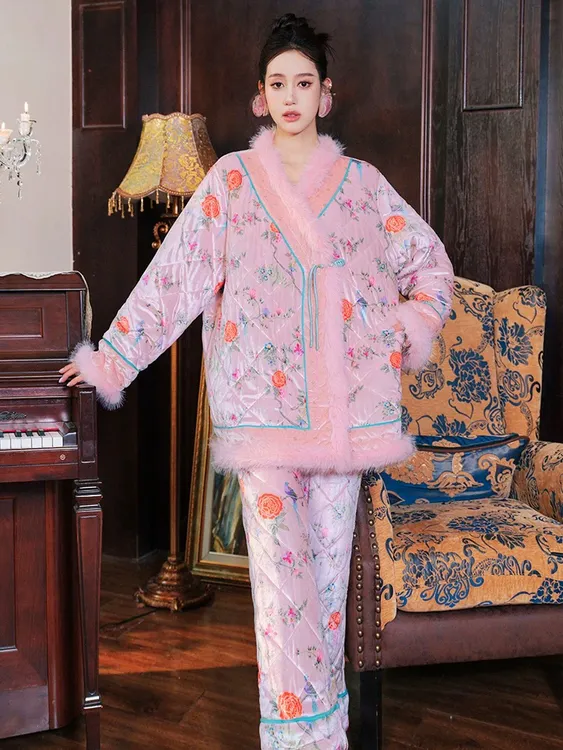 原创亮片绣花印花三层加厚夹棉睡衣两件套宽松加绒家居服套装冬新