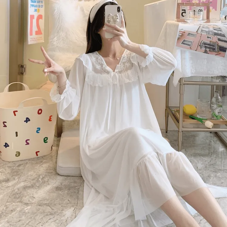莫代尔春秋冬季睡裙女甜美网纱长袖2024新款夏天少女睡衣家居服