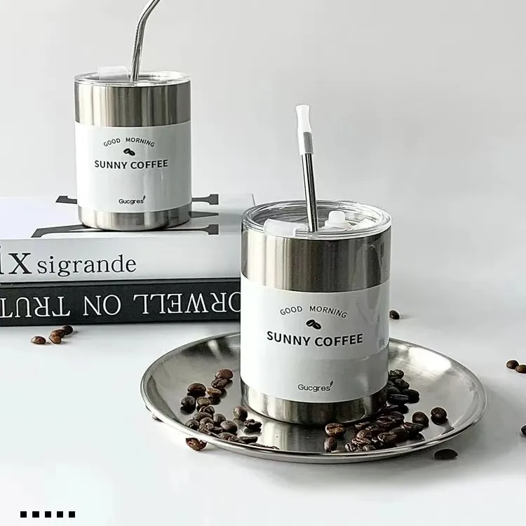 高颜值美式咖啡杯大容量不锈钢吸管杯便携双层随行杯家用简约水杯