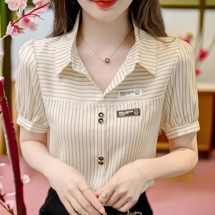 百搭条纹短袖衬衫R3619女士衬衣通勤优雅大方知性上衣显瘦小衫